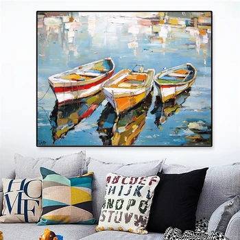 Vintage 3 Tekneler Yağlıboya Tuval Boyama Modern Deniz Manzara Posterler ve Baskılar Duvar sanat resmi Oturma Odası Ev Dekor ıçin Cuadros
