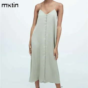 2021 Kadın Yaz Moda Tek Göğüslü Midi Elbise Vintage Kolsuz Backless Teneke Sapanlar Kadın Parti Elbiseler Vestidos Mujer