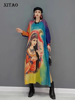 XITAO Trendy Örgü Büyük Sizer Elbise Moda Kontrast Renk Desen Bahar Sonbahar Yeni Uzun Kollu Mizaç Kadın WMD2286