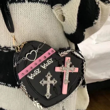 Y2K Kalp Kadınlar İçin Crossbody Çanta Gotik Punk Perçin Metal Zincir Kızlar askılı çanta Kadın Sevimli Lolita Debriyaj omuz çantaları