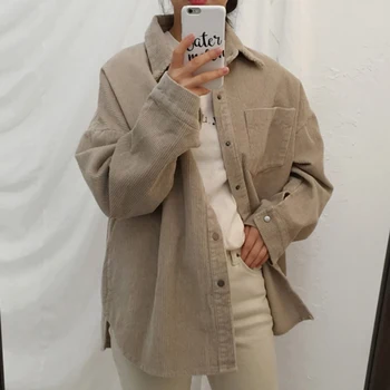 Zoki Harajuku Kadife Kadın Gömlek Ceketler Sonbahar Uzun Kollu İnce Palto Casual Vintage Cep Kadın Düğmeli Paltolar 2022