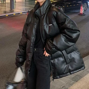 Kadın Kirpi Parkas Katı Siyah Parlak Renk Kalın Kore Kış Faux Deri Ceket Sonbahar Gevşek Palto Kadın Mat Giyim Ins