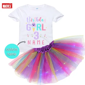 Kız Dondurma Doğum Günü Partisi Kıyafeti Prenses Doğum Günü Tutu Seti Kız Gömlek Seti Tutu Özel Adı Çocuklar parti ışığı Elbise Takım Elbise Hediye
