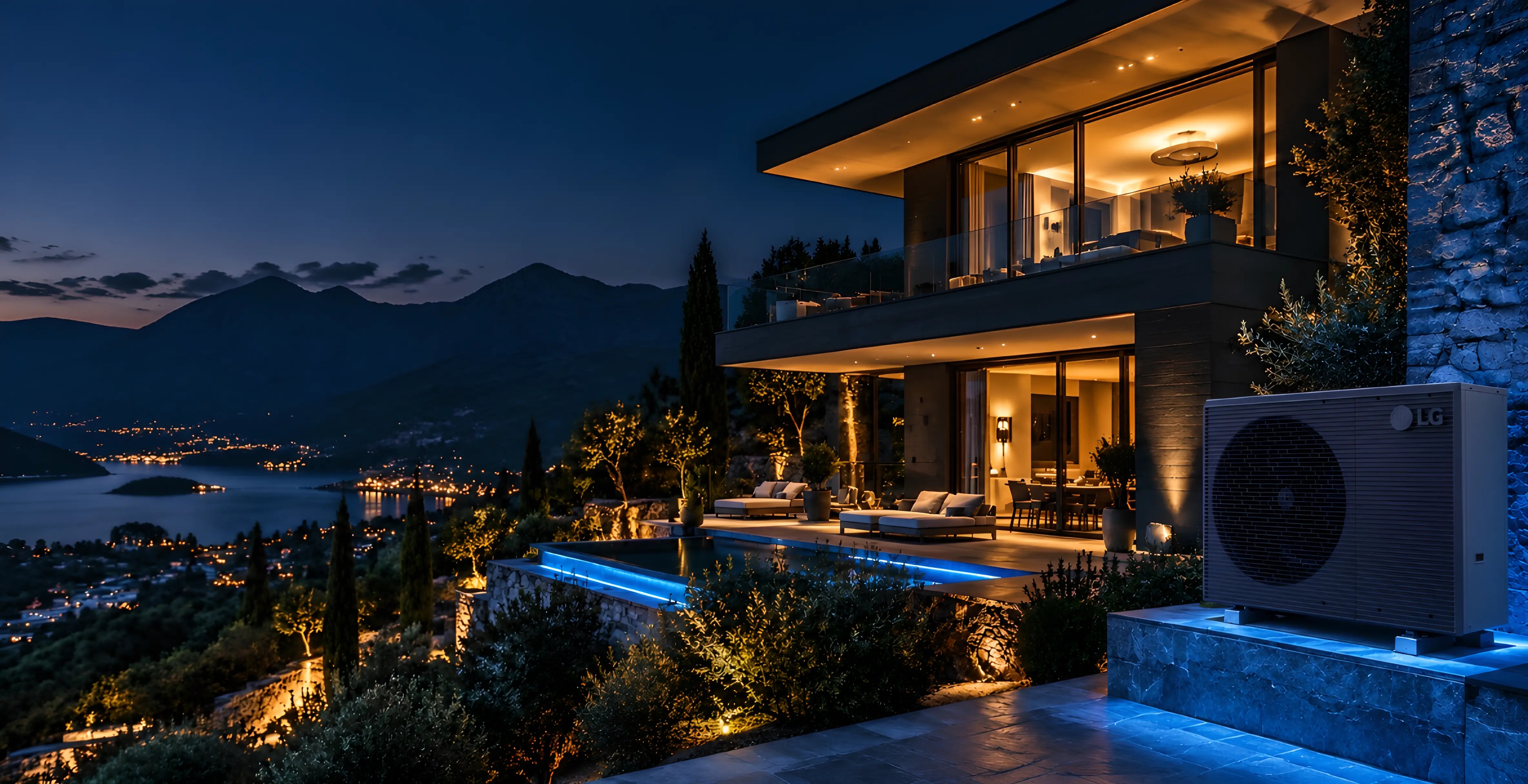Gece aydınlatmalı modern villa ve dış ünite ısı pompası, temsili görsel