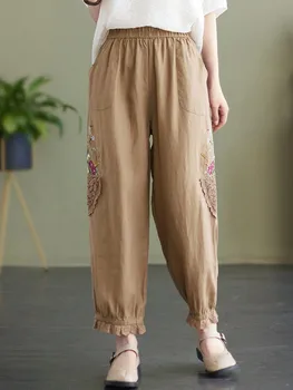 Yüksek Bel Pamuk Keten rahat pantolon Kadınlar Yeni 2022 Yaz Vintage Stil Çiçek Nakış Gevşek Kadın Ayak Bileği uzunlukta Pantolon B1836