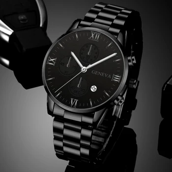 Moda Saatler Erkekler için Siyah Paslanmaz Çelik Kuvars Kol Saati takvimli saat Erkek İş Rahat Deri İzle reloj hombre