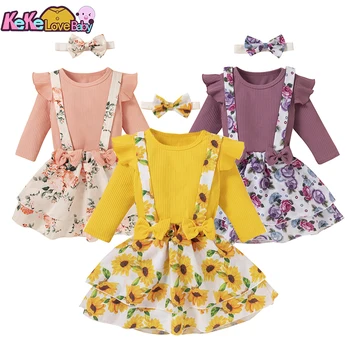 Sonbahar çocuk Bebek Kız Giysileri Set Pamuk Sinek Kollu Üstleri Çiçekler Baskı Yay Askısı Etek Elbise Sevimli Bebek bebek kıyafetleri