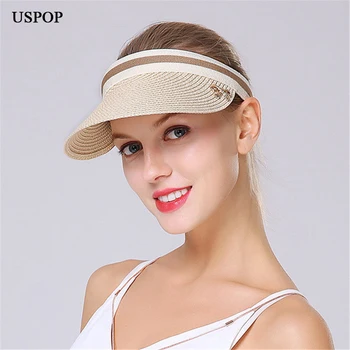 USPOP kadın hasır güneş şapkaları Boş üst vizör hasır kapaklar Rahat kadın büyük ağız yay-düğüm güneş şapkası yaz plaj şapkası