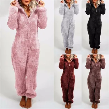 Kadın Peluş Romper Sonbahar Kış Pazen Pijama Uzun Kollu Fermuar Yüksek Boyun Şapka Sıcak Tutmak kız Giysileri Pijama Gecelik