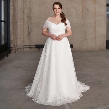 Klasik kadın Artı Boyutu A-Line düğün elbisesi Zarif Kapalı Omuz Straplez Dantel Tül gelinlikler Mahkemesi Tren ile