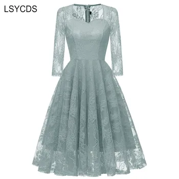 LSYCDS Lüks Nakış Dantel Elbiseler Kadınlar için Sonbahar 3/4 Kollu A-line Diz Boyu Rahat Parti Doğum Günü Elbise Robe Femme Ete