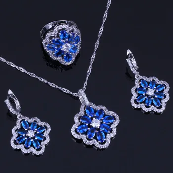 Distinctive Çiçek Mavi Kübik Zirkonya Beyaz CZ Gümüş Kaplama Takı Setleri Küpe Kolye Zincir Yüzük V0287