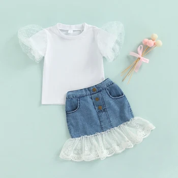 Yürüyor Çocuk Kız yaz giysileri Set Dantel Puf Kollu T-shirt Denim Etekler Kıyafetler Moda Rahat Kostümleri