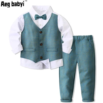Bebek Erkek Beyefendi Giyim Setleri İki Sahte Adet Uzun Kollu Gömlek + Pantolon Moda resmi takım elbiseler Çocuklar Çocuk doğum günü partisi elbisesi