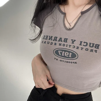 Kore Tarzı Kadın T-Shirt 2022 Yaz Yeni Mizaç Bayan Rahat Kısa Kollu V Yaka Mektup Baskı Kadın Üstleri Giyim