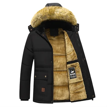 Yeni Erkek Kış Polar Ceket Kalın Sıcak Kapşonlu Kürk Yaka Ceket Düz Renk Giyim Erkek Giyim