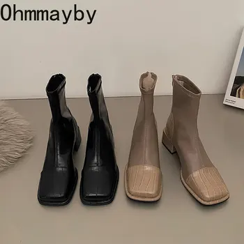2023 Yeni Topuk Ekleme Kadın yarım çizmeler Moda Pu Deri Kare Ayak Bayanlar Chelsea kısa çizmeler Orta Topuk Ayakkabı