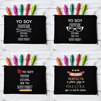Yo Soya Profesor Cual Es Tu Superpoder İspanyolca Makyaj Çantaları Öğretmen Tuval Kalem çanta Seyahat Tuvalet Organizatör Hediyeler