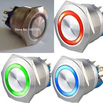 22mm Anlık veya Mandallama 6V 12V 24V Üç Renkli (kırmızı/ YEŞİL/ MAVİ) LED Halka LED Sıfırlama Metal Elektrik Buton Anahtarı CE, ROHS