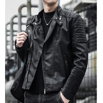 Marka giyim Erkekler Slim Fit Ceket Moda Düz Renk Motosiklet kışlık ceketler Chaqueta Hombre Rüzgar Geçirmez Siyah Deri Ceket