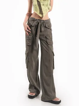 Vintage Yüksek Sokak Baggy kadın Kargo Pantolon Gevşek Yüksek Bel Geniş Bacak Rahat Pantolon Kadın Y2k Streetwear Düz Kargo Pantolon