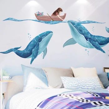 [shijuekongjian] Karikatür Kız Tekne Duvar Sticker DIY Balinalar Hayvanlar Duvar Çıkartmaları Çocuk Odaları için Bebek Odası Ev Dekorasyon