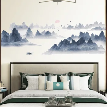 Çin Tarzı Günbatımı Manzara Duvar Sticker Yüksek Kaliteli Duvar Kağıdı Oturma Odası Yatak Odası Arka Plan Duvar Ev Dekor Çıkartmalar