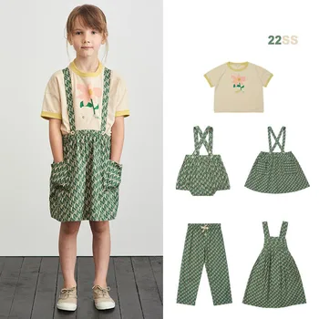 EnkeliBB Toddler Kız Marka Yaz Setleri tasarımcı kıyafetleri Çocuklar kızlar İçin Yeşil Renk Güzel Desen T-shirt Tulum Pantolon Etekler
