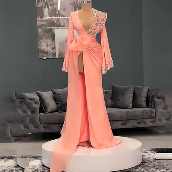 Laxsesu Mermaid Kokteyl Parti Elbise Uzun Kollu Yüksek Yan Yarık Balo Elbise Renk Engelleme Kıyafetler Abiye giyim 2022