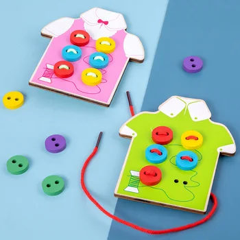 Montessori Eğitim Ahşap Oyuncak Çocuk DIY Giyim Halat Dikiş Düğmesi Ebeveyn-çocuk Dikiş Kurulu DIY Komik Oyun Oyuncaklar