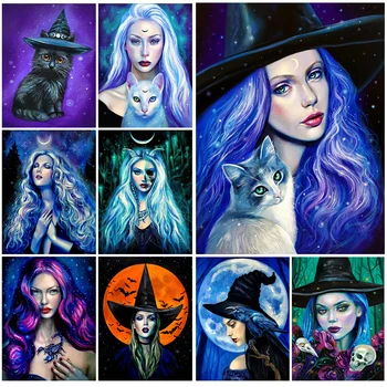 Cadı Kedi Sihirbazı Şapka Kız sanat posterleri duvar sanatı tuval yağlıboya Portre Dekor Posterleri ve Baskılar Duvar Resimleri İçin Oturma Odası