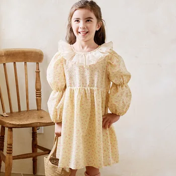 BEBEZOO Kız Sonbahar Elbise Puf Kollu Yaka Çiçek Avrupa Mahkemesi Tarzı Çiçek Prenses Elbise İçin 3-8 Yıl Çocuk Kız Giysileri