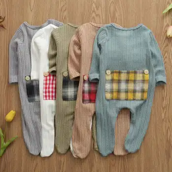 0-9M Yenidoğan Toddler Bebek Erkek Kız Romper Ekose Patchwork Uzun Kollu Tulum Kıyafetler Giysileri