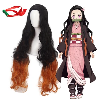 Kamado Nezuko Peruk iblis Avcısı: Kimetsu Hiçbir Yaiba Nezuko Cosplay 95cm Degrade Uzun saç aksesuarları İsıya Dayanıklı Sentetik Peruk
