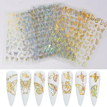 Nail Art Sticker Holografik Bronzlaşmaya Güzel Kelebek Çıkartmalar İçi Boş Çıkartmaları Lazer Altın Gümüş Güzellik DIY İpuçları Dekorasyon