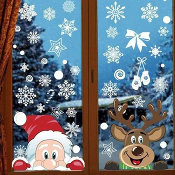 Yeniden Elektrostatik Çıkartmalar Çift Taraflı Kar Tanesi Noel Baba Geyik Noel pencere camı Çıkartmalar Yeni Yıl Süslemeleri