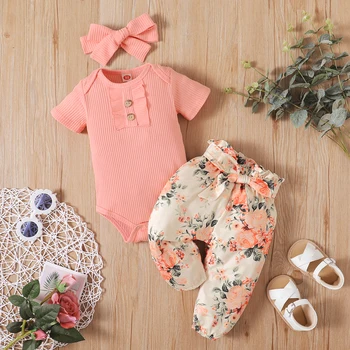 Kızlar İçin bebek Giysileri Toddler Yaz giyim setleri Bebek Mektup Bodysuit + Çiçek Pantolon + kafa bandı 3 adet Set Çocuklar Rahat Kıyafetler