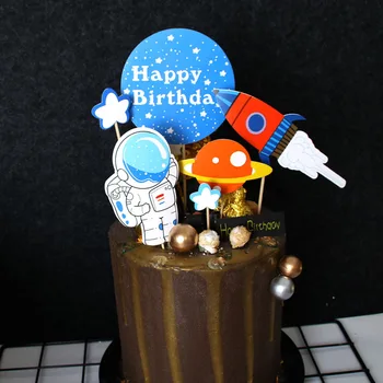 Dış Uzay Doğum Günü Pastası Dekor Astronot Cupcake Toppers Roket Gezegenler Tema 1st Mutlu Doğum Günü Partisi Dekoru Çocuk Erkek Kız