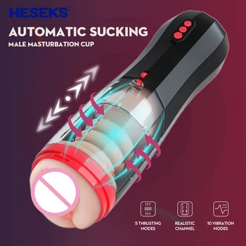 HESEKS Gerçekçi Otomatik Emme Erkek mastürbasyon kupası İç Teleskopik Vibratör Erkek Masturb Vajina Erkekler İçin Seks Oyuncak