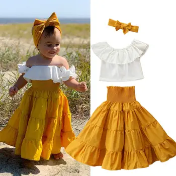 bebek kız katı prenses giyim seti Yürüyor Çocuk Bebek Kız Kapalı Omuz fırfırlı üst elbise Yaz Kıyafet Seti Giysileri 2-7 yıl