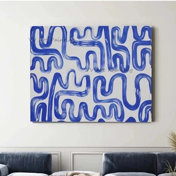 El yapımı Soyut Yağlıboya Geometri Sanat tuval Boyama Bulmaca Posteri Duvar Sanatı Mavi Çizgi Resimleri Oturma Odası Ev Dekorları