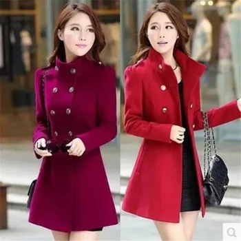 Kruvaze Yün Ceket Kadın Sonbahar Kış Kırmızı Yün Karışımı kadın Rüzgarlık Ceket Orta Uzunlukta İnce Bayan Giyim 3XL