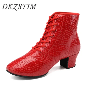 DKZSYIM YENİ Kadın Latin Kısa Çizmeler Balo Salonu Caz Modern Dans Ayakkabıları Lace Up Dans Botları Kırmızı Siyah Spor Dans Sneakers