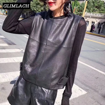 Kadın Hakiki Deri Yelek Koyun Derisi Gevşek Fit Kazak Kolsuz Ceket Bayan Sonbahar Kısa Deri Yelek Streetwear Tops