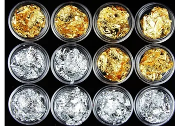 6jar Altın + 6jar Gümüş Sparkly Folyo Çivi Sequins Düzensiz Alüminyum Seti / 12 adet Tırnak Glitter Gevreği DIY Folyo Manikür Aksesuarları-