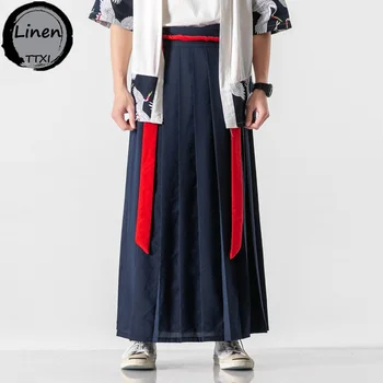 Japon Harajuku Hakama Erkek Keten Geniş Pantolon 2021 Gevşek Kimono Çin siyah Pantolon Erkek Giyim Dantel-Up Pantolon