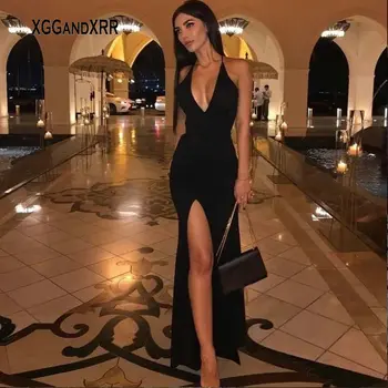 Basit Siyah Balo Elbise 2021 Seksi Derin V Boyun Kolsuz Yan Yarık Uzun Örgün Akşam Parti Kıyafeti Artı Boyutu Custom Made Pageant