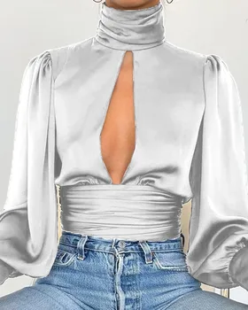 Seksi Rahat Üst Kadınlar Halter Boyun Uzun kollu Üst Zarif Yüksek boyun Ruffled Düz Renk Gömlek Streetwear 2022 Yeni Düz Renk