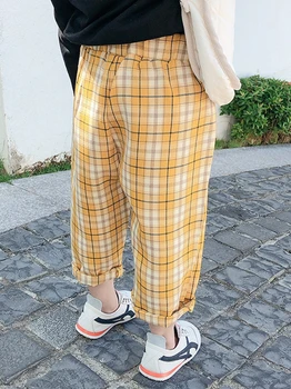 Kore Tarzı Çocuk Pantolon Erkek ve Kız Pantolon Pamuk Karıştırma Ekose Geniş Bacak Pantolon Gevşek rahat pantolon Elbise Spodnie