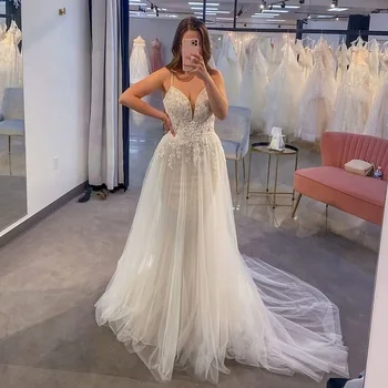 Düğün elbisesi 2023 Seksi Derin V Boyun Spagetti Backless Boncuk Dantel Aplike Sweep Tren gelin kıyafeti Kadın Örgün Parti Pageant